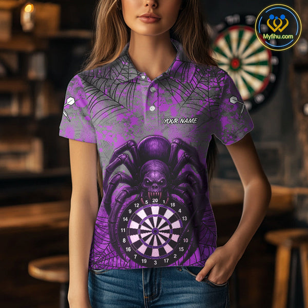 Custom Purple Splatter Spider Dart Polo Shirts For Women, Halloween Dart Jerseys NYN0394