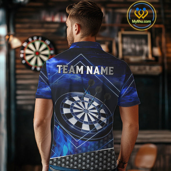 Custom Blue Fire Flame Dartboard Dart Team Polo Shirts For Men, Dart League Shirt NYN0668