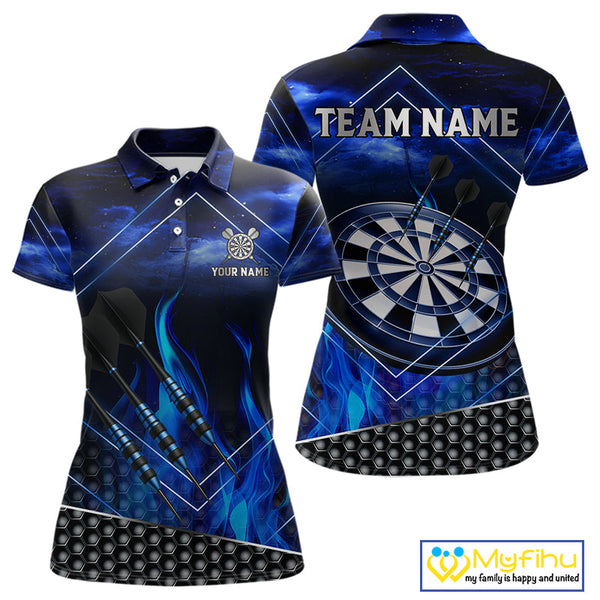 Custom Blue Fire Flame Dartboard Dart Team Polo Shirts For Women, Dart League Shirt NYN0668