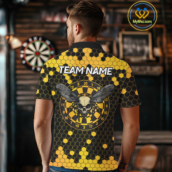 Custom Yellow Hexagon Pattern Bee Skull Dart Polo Shirts For Men, Halloween Dart Outfit NYN0053