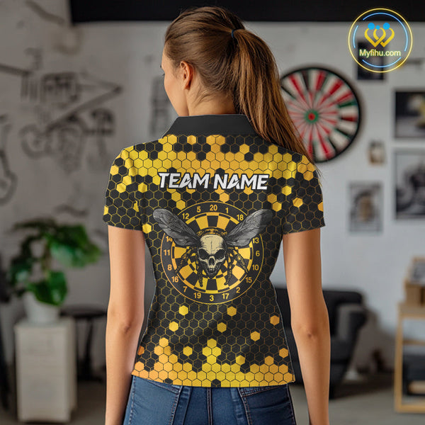 Custom Yellow Hexagon Pattern Bee Skull Dart Polo Shirts For Women, Halloween Dart Outfit NYN0053