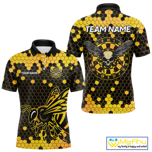Custom Yellow Hexagon Pattern Bee Skull Dart Polo Shirts For Men, Halloween Dart Outfit NYN0053