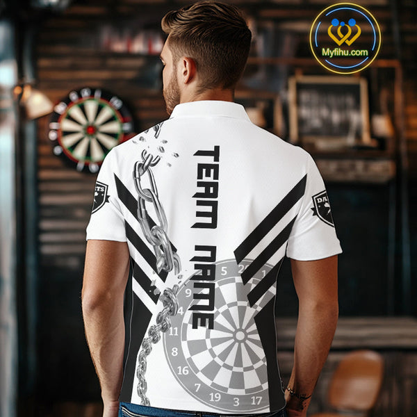 Custom Black And White Silver Chain Dart Team Polo Shirts For Men, Dart League Shirt NYN0054