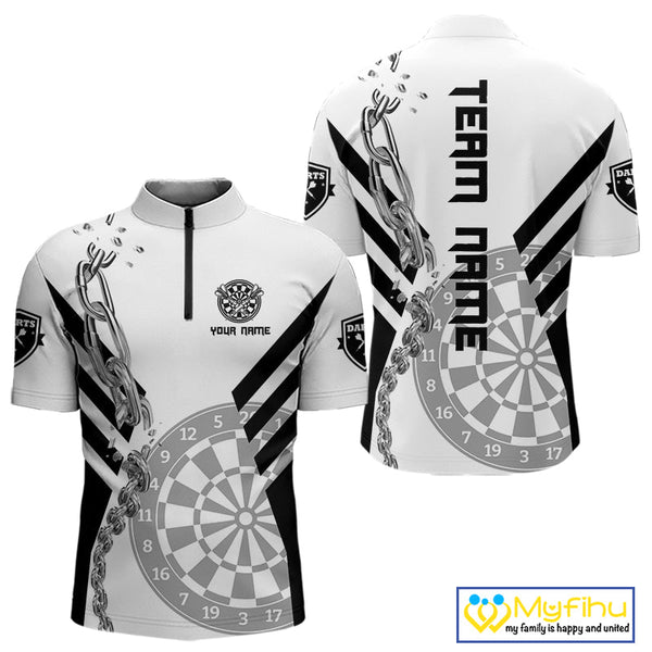 Custom Black And White Silver Chain Dart Team Quarter-Zip Shirts For Men, Dart League Shirt NYN0054