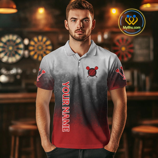 Custom Black, Gray And Red Smoke Darts Polo Shirts For Men, Flame Dart Shirt NYN0060