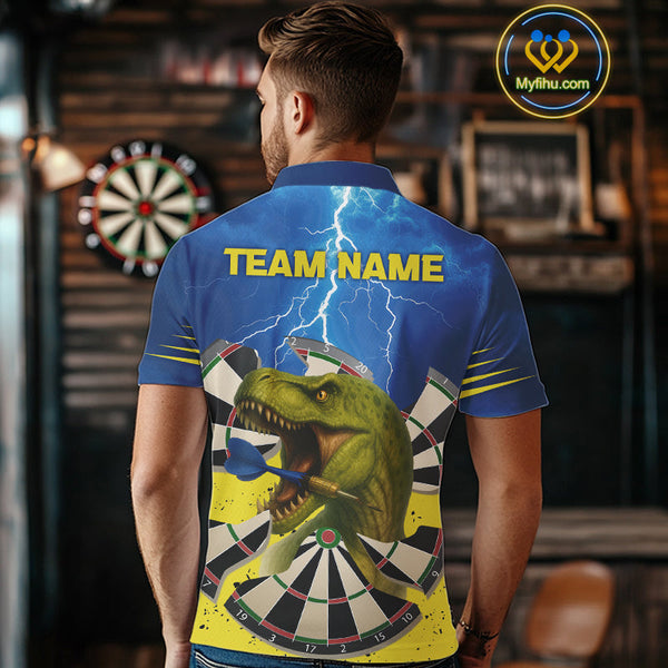 Custom Blue Thunder Lightning Funny Dinosaur Dart Team Polo Shirts For Men NYN0398