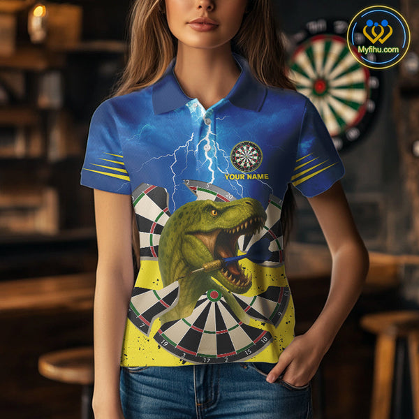 Custom Blue Thunder Lightning Funny Dinosaur Dart Team Polo Shirts For Women NYN0398