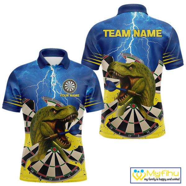 Custom Blue Thunder Lightning Funny Dinosaur Dart Team Polo Shirts For Men NYN0398