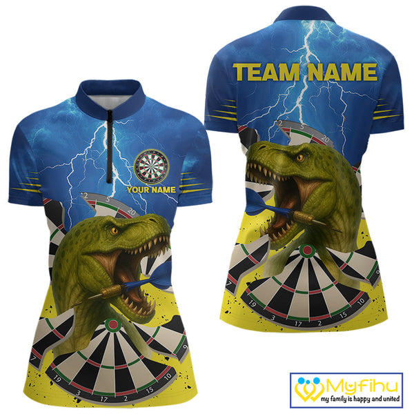 Custom Blue Thunder Lightning Funny Dinosaur Dart Team Quarter-Zip Shirts For Women NYN0398
