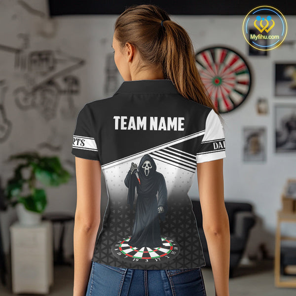 Custom Black And White Grim Reaper Dart Women Polo Shirt, Halloween Dart Outfit NYN0673