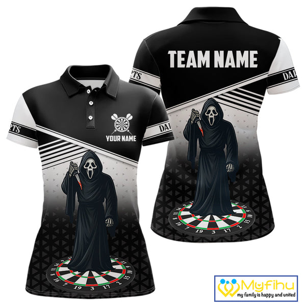 Custom Black And White Grim Reaper Dart Women Polo Shirt, Halloween Dart Outfit NYN0673