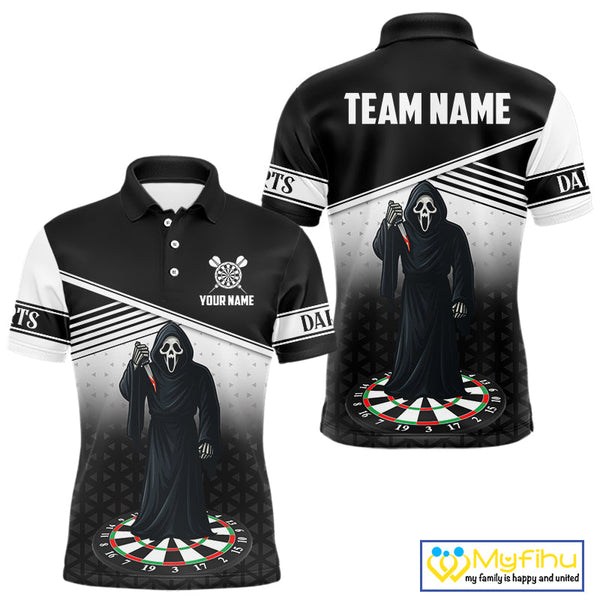 Custom Black And White Grim Reaper Dart Men Polo Shirt, Halloween Dart Outfit NYN0673
