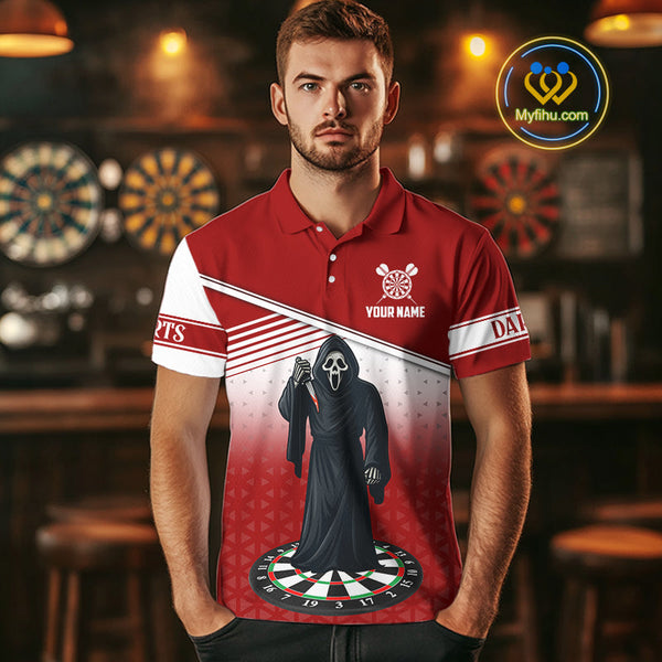 Custom Red And White Grim Reaper Dart Men Polo Shirt, Halloween Dart Outfit NYN0674