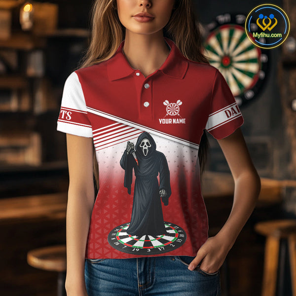 Custom Red And White Grim Reaper Dart Women Polo Shirt, Halloween Dart Outfit NYN0674