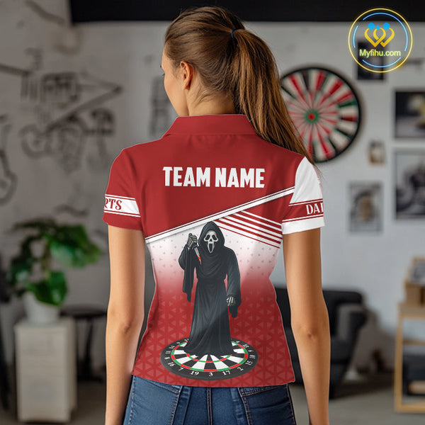 Custom Red And White Grim Reaper Dart Women Polo Shirt, Halloween Dart Outfit NYN0674