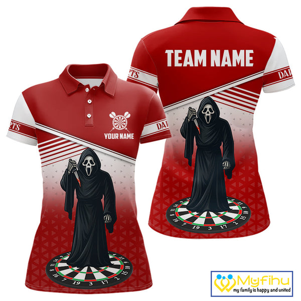 Custom Red And White Grim Reaper Dart Women Polo Shirt, Halloween Dart Outfit NYN0674