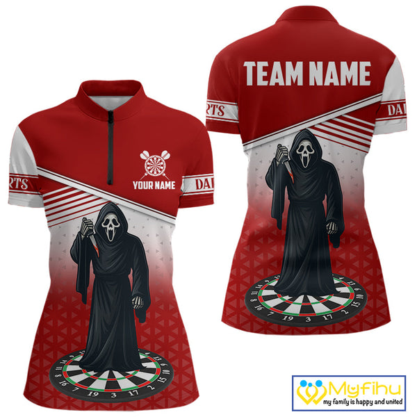 Custom Red And White Grim Reaper Dart Women Quarter-Zip Shirt, Halloween Dart Outfit NYN0674