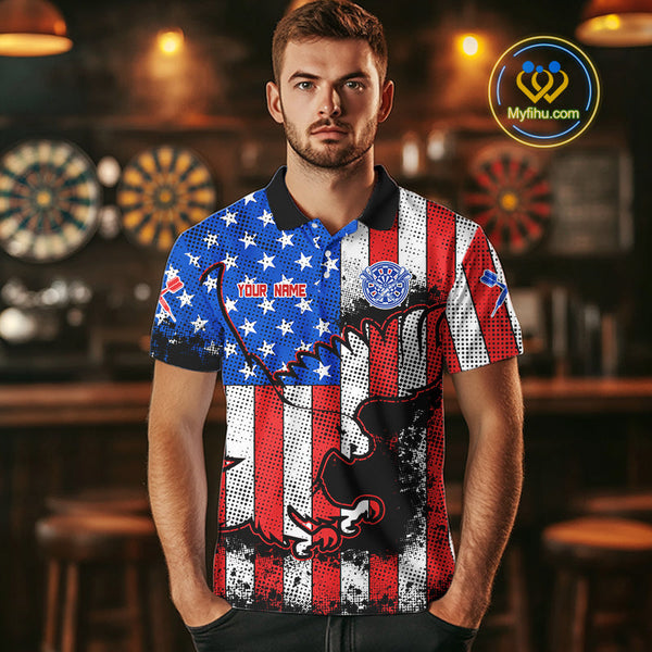 Custom Grunge US Flag Dart Patriotic Eagle Dart Team Polo Shirts For Men NYN0214
