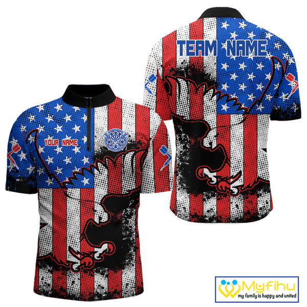 Custom Grunge US Flag Dart Patriotic Eagle Dart Team Quarter-Zip Shirts For Men NYN0214
