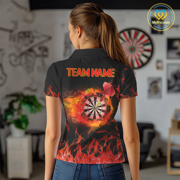 Custom Black And Red Fire Flame Darts Women Polo Shirts For Team, Dart Jerseys NYN0216