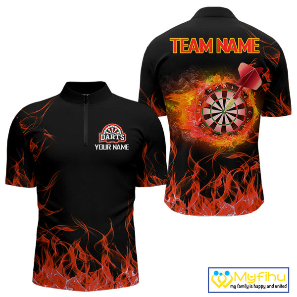 Custom Black And Red Fire Flame Darts Men Quarter-Zip Shirts For Team, Dart Jerseys NYN0216