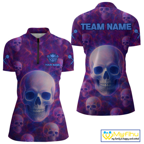 Custom Blue And Purple Dart Quarter-Zip Shirts For Women, Dart Team Halloween Outfit NYN0403