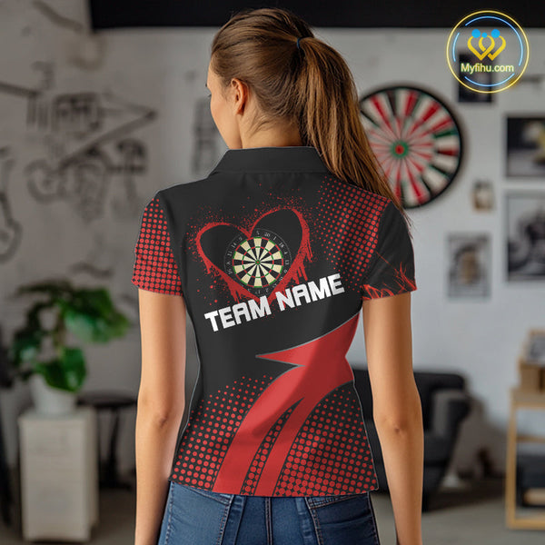 Custom Black And Red Dart Jerseys, Love Dart Team Women Polo Shirt Dart League Shirt NYN0219