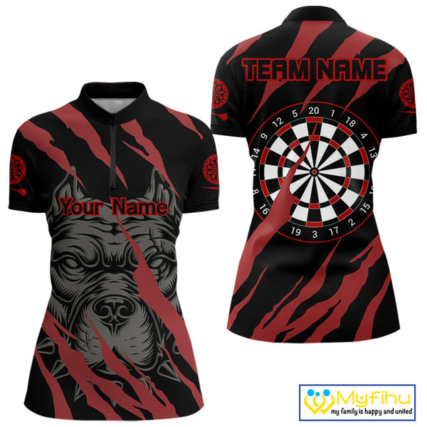 Custom Black And Red Pitbull Dog Claw Marks Dart Team Women Quarter-Zip Shirt, Dart Jersey NYN0221