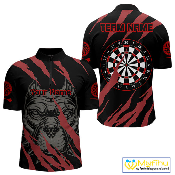 Custom Black And Red Pitbull Dog Claw Marks Dart Team Quarter-Zip Shirts For Men, Dart Jerseys NYN0221