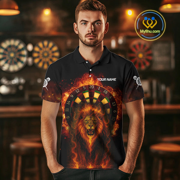 Custom Fire Flame Lion Dart Polo Shirts For Men, Dart Team Tournament Shirt NYN0224