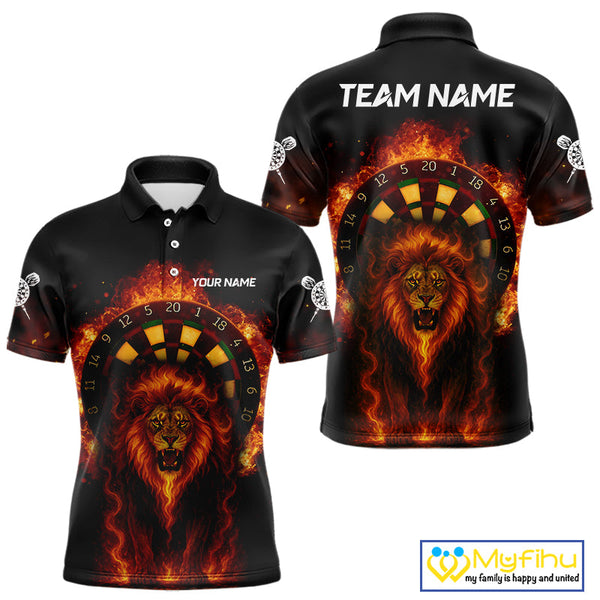 Custom Fire Flame Lion Dart Polo Shirts For Men, Dart Team Tournament Shirt NYN0224