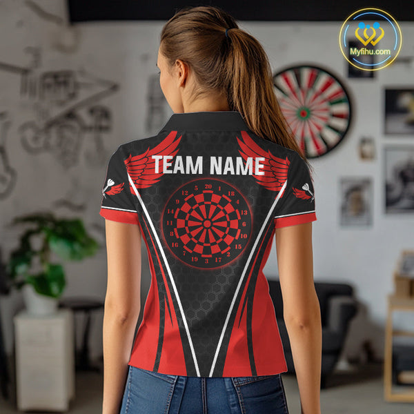 Custom Black And Red Wings Dart Polo Shirts For Women, Dart Team Dart League Shirt NYN0225