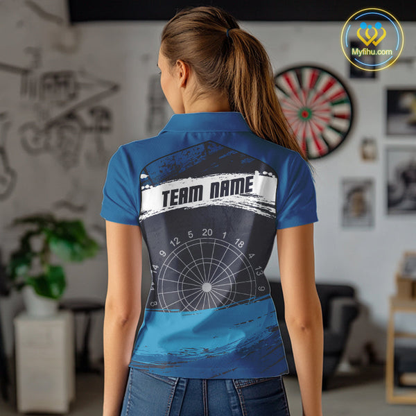 Custom Grunge Black And Blue Dripping Dartboard Dart Team Women Polo Shirt NYN0414