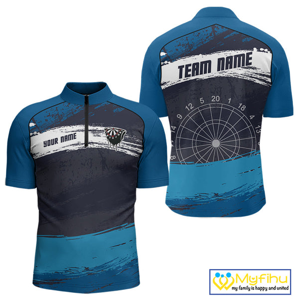 Custom Grunge Black And Blue Dripping Dartboard Dart Team Men Quarter-Zip Shirt NYN0414