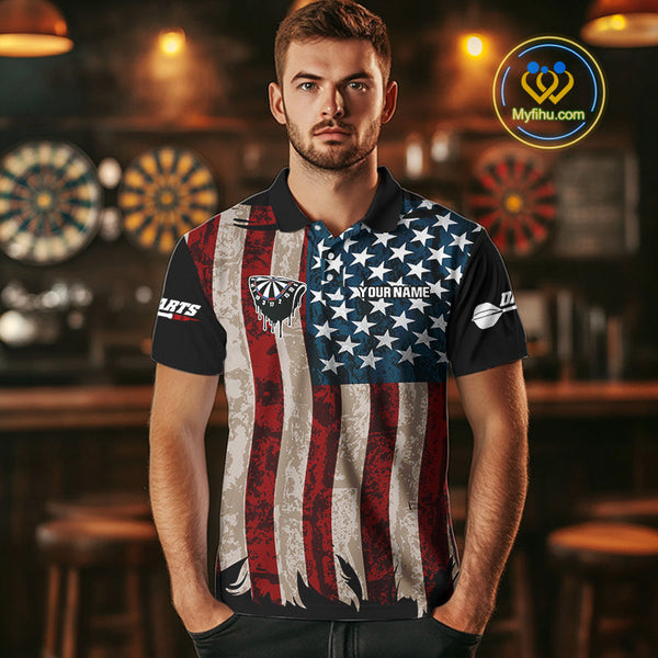 Custom Vintage US Flag Dart Patriotic Dart Team Men Polo Shirts, Retro Dart Jerseys NYN0420