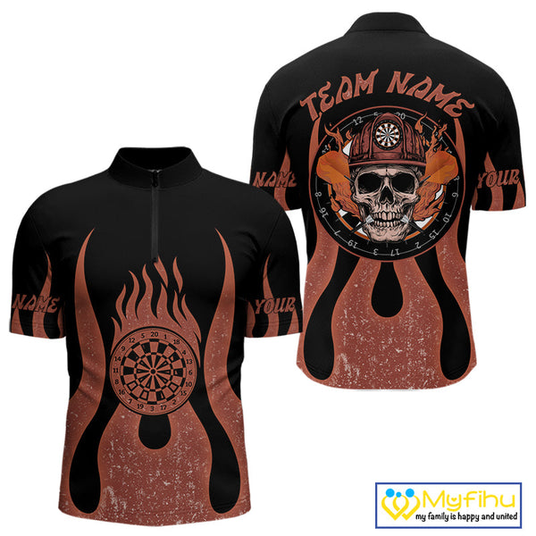 Custom Flame Dart Jerseys, Firefighter Skull Dart Team Quarter-Zip Shirts For Men NYN0229