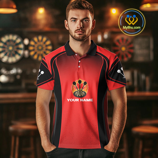 Custom Black And Red Fire Flame Dartboard Dart Jerseys, Dart Polo Shirts For Men NYN0428