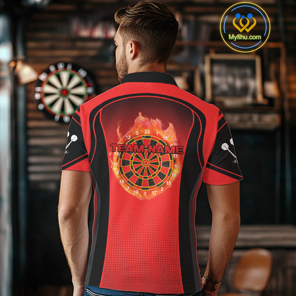 Custom Black And Red Fire Flame Dartboard Dart Jerseys, Dart Polo Shirts For Men NYN0428