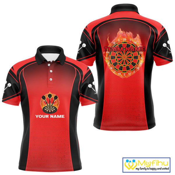 Custom Black And Red Fire Flame Dartboard Dart Jerseys, Dart Polo Shirts For Men NYN0428