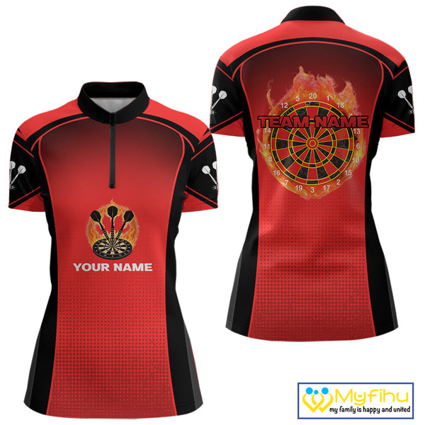 Custom Black And Red Fire Flame Dartboard Dart Jerseys, Dart Quarter-Zip Shirts For Women NYN0428