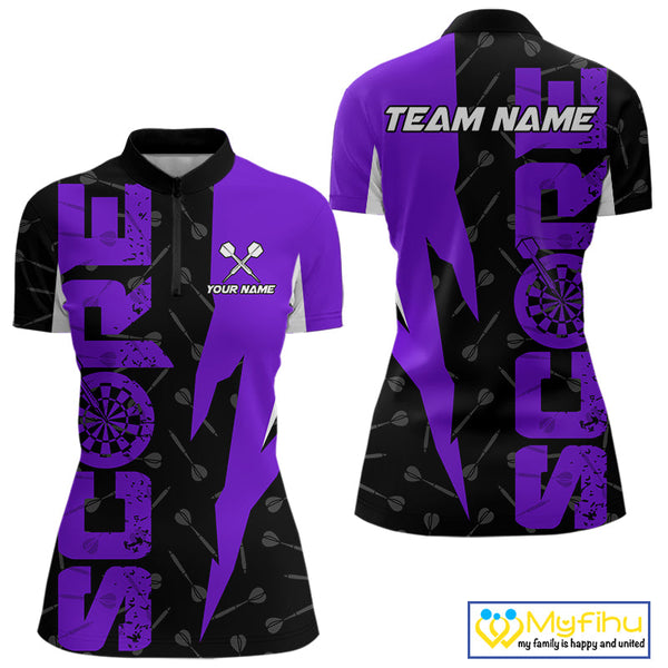 Custom Black And Purple Grunge Dart Score Dart Team Women Quarter-Zip Shirts, Dart Jerseys NYN0613