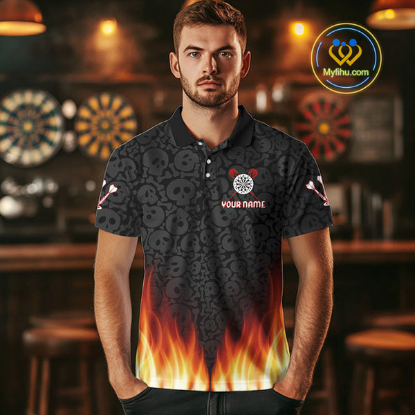 Custom Flame Skull Darts Team Polo Shirts For Men, Halloween Dart Shirt NYN0070
