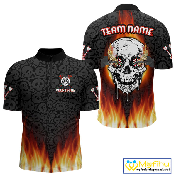 Custom Flame Skull Darts Team Quarter-Zip Shirts For Men, Halloween Dart Shirt NYN0070
