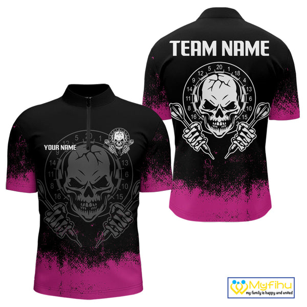 Custom Black And Pink Skull Darts Men Quarter-Zip Shirts, Dart Team Tournament Shirt NYN0078
