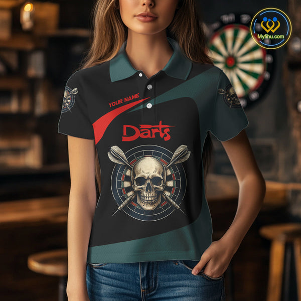 Custom Black Green Skull Dart Skull Polo Shirts For Women, Halloween Dart Outfit NYN0700