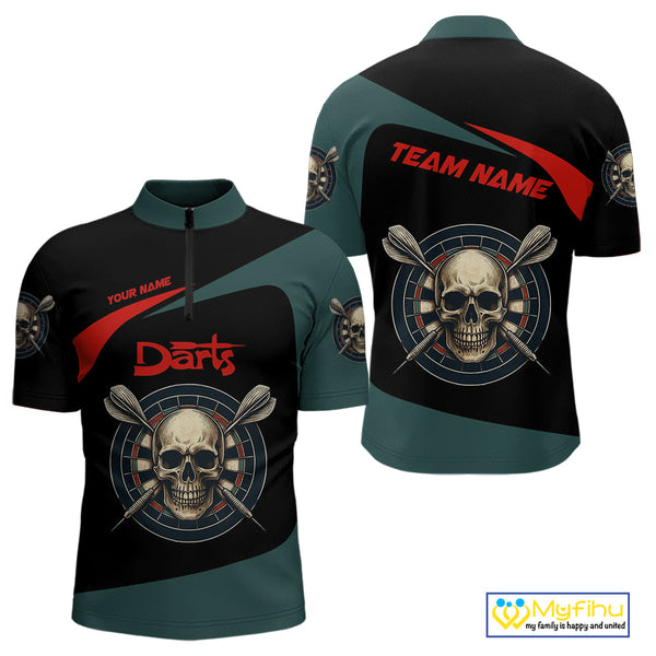 Custom Black Green Skull Dart Skull Quarter-Zip Shirts For Men, Halloween Dart Outfit NYN0700