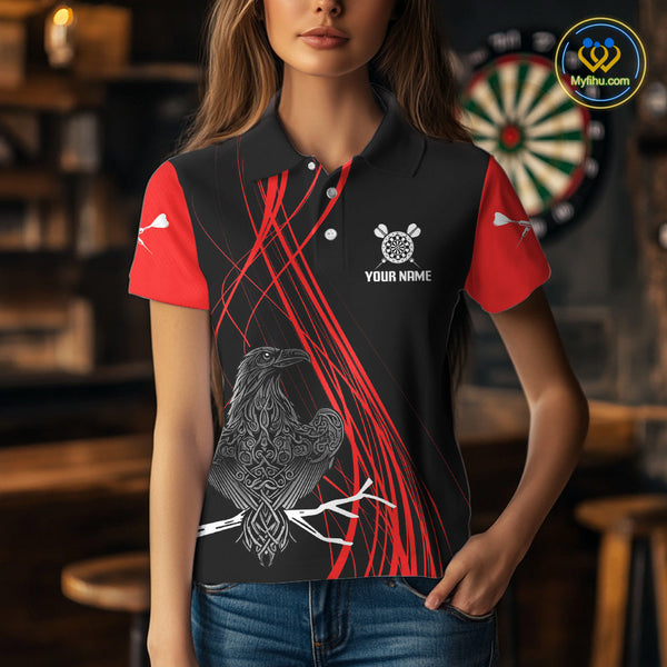 Custom Red Celtic Raven Dart Polo Shirts For Women, Tribal Dart Team Jerseys NYN0105