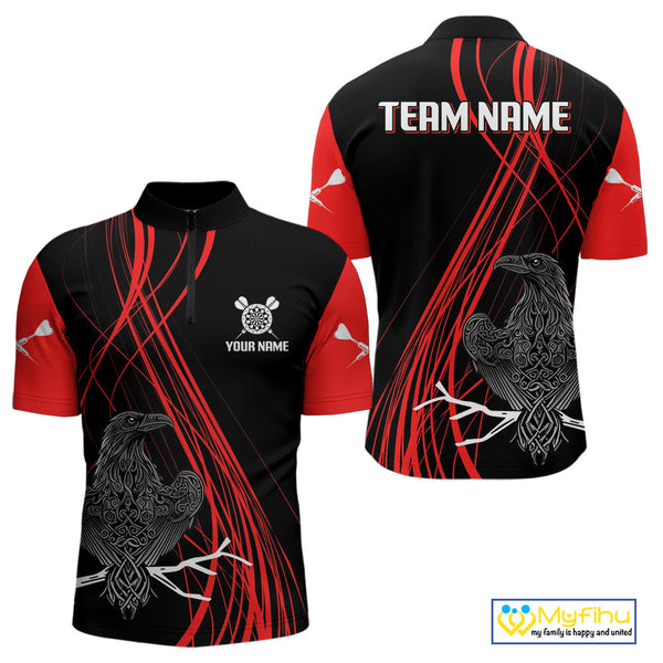 Custom Red Celtic Raven Dart Quarter-Zip Shirts For Men, Tribal Dart Team Jerseys NYN0105