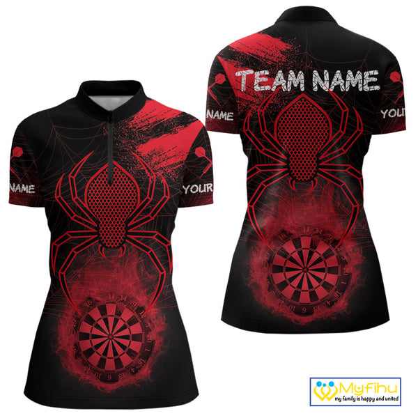 Custom Red Smoke Flame Spider Dart Team Women Quarter-Zip Shirt, Halloween Dart Outfit NYN0469