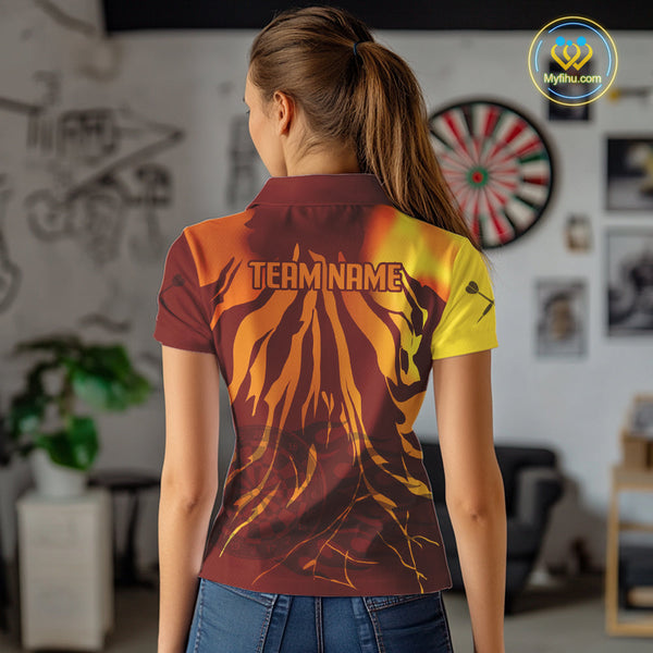 Custom Brown And Orange Flame Darboard Dart Team Polo Shirts For Women, Dart Jerseys NYN0232